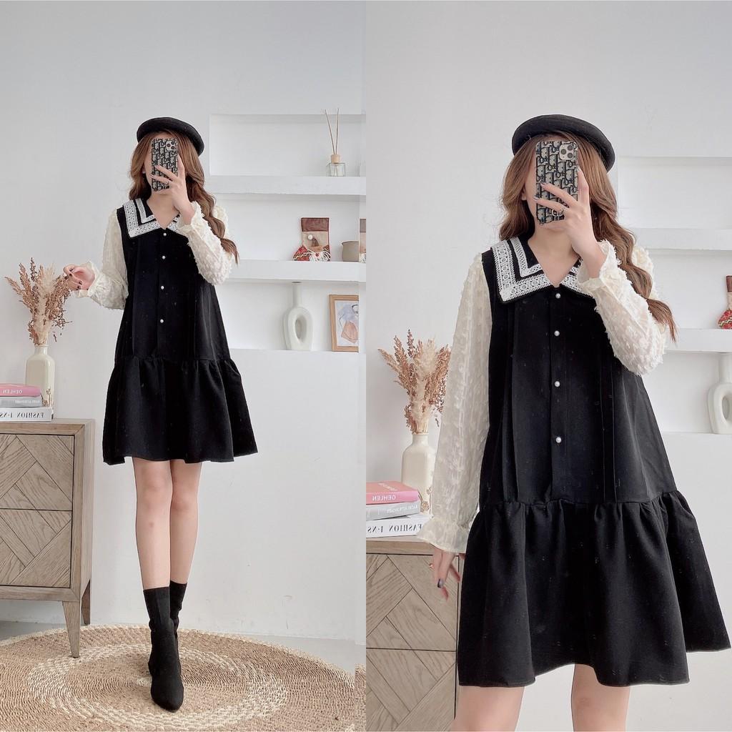Váy suông đuôi cá phối cổ ren, đầm xuông tay voan phủ lông freesize 2 màu đen, nâu mã V40 - Michi's House