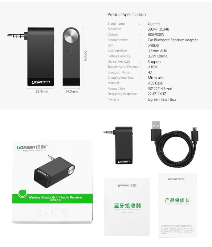 Ugreen UG30348MM114TK BT 4.1 màu Đen Thiết bị nhận âm thanh Bluetooth có Micro - HÀNG CHÍNH HÃNG