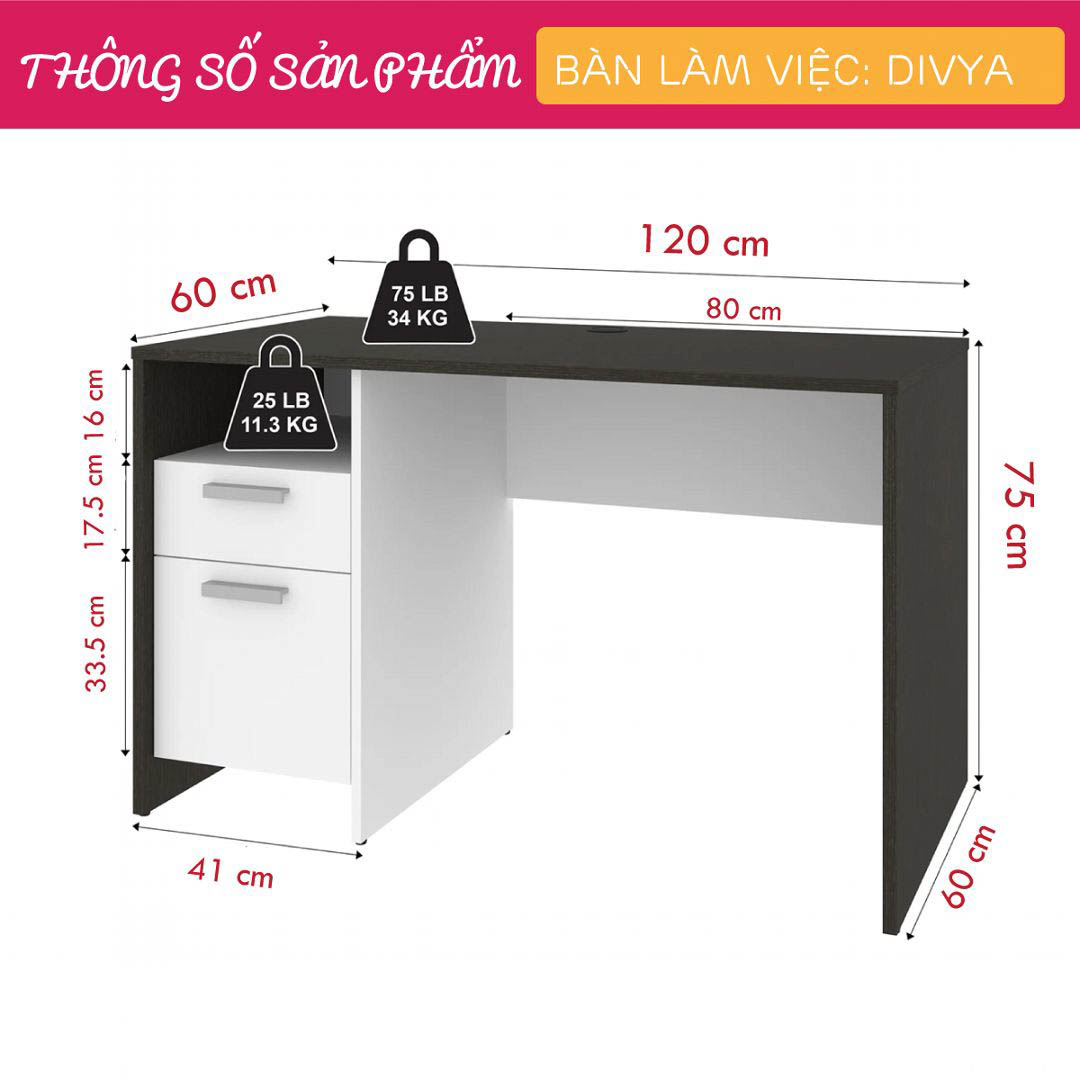 Bàn làm việc, bàn học gỗ hiện đại SMLIFE Divya | Gỗ MDF dày 17mm chống ẩm | D120xR60xC75cm