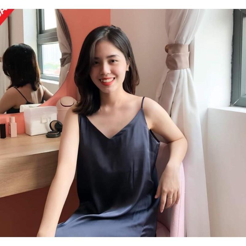 Váy ngủ lụa trơn dáng dài 2 dây tặng kèm chip ren