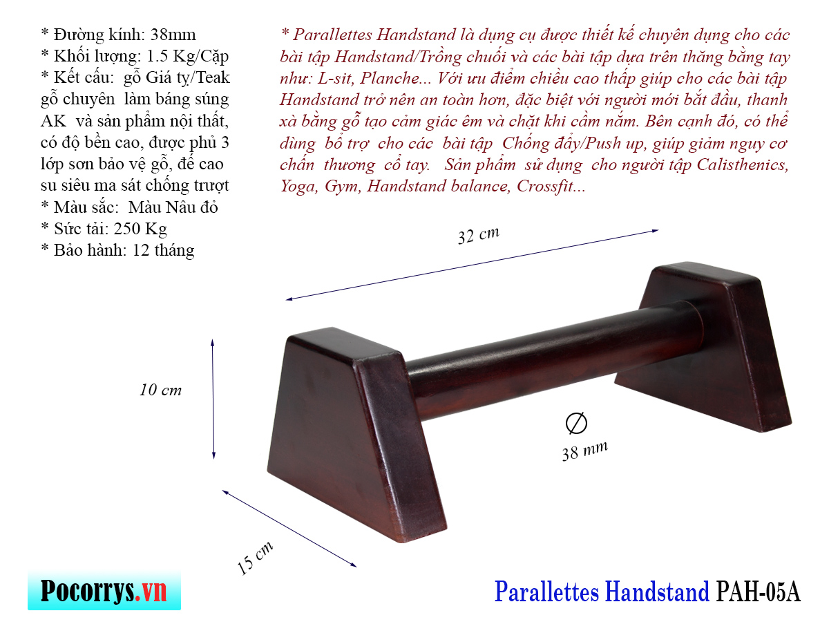 Dụng cụ chống đẩy, hít đất bằng gỗ, Parallettes gỗ hỗ trợ tập Handstand, Pocorrys PAH-05B, Màu nâu đỏ