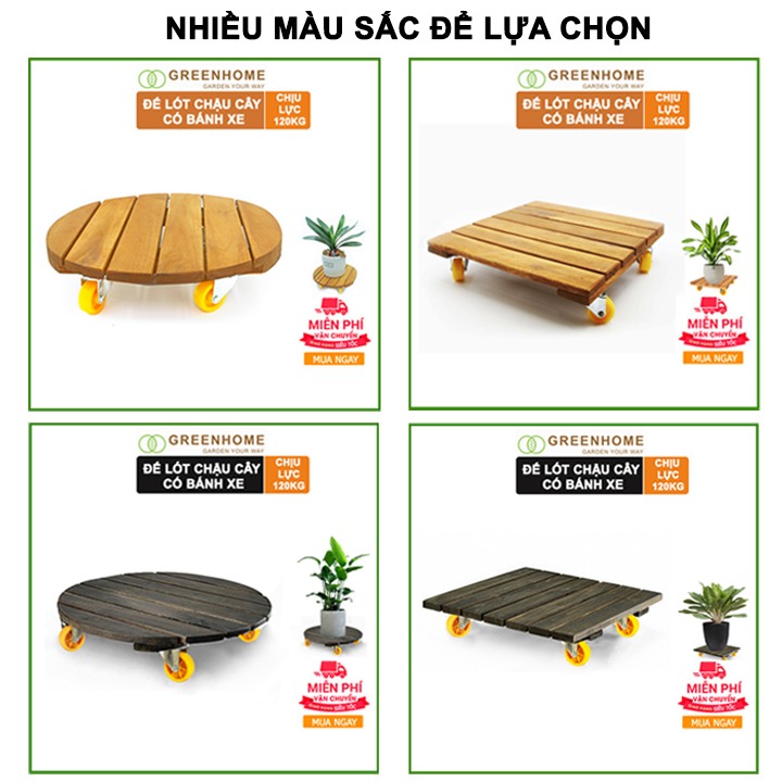 Đế lót chậu bằng gỗ Greenhome có bánh xe Tròn R30cm chịu lực 120kg