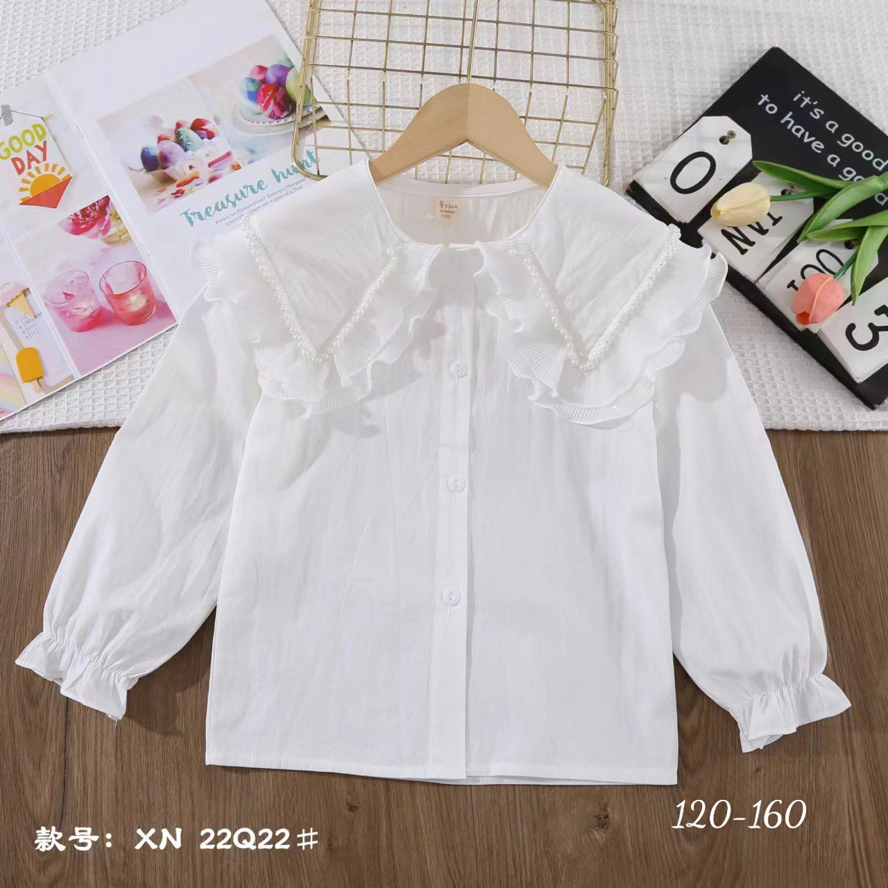 Áo sơ mi bé gái màu trắng dài tay size đại 5-12 tuổi cổ yếm đính hạt chất liệu vải thô mềm cao cấp