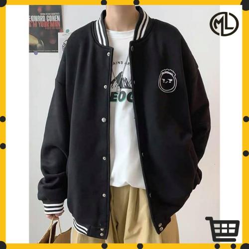 Hình ảnh Áo Bomber Nam/ Áo Khoác Nỉ dày dặn Face đen form rộng Unisex Nam Nữ Ulzzang