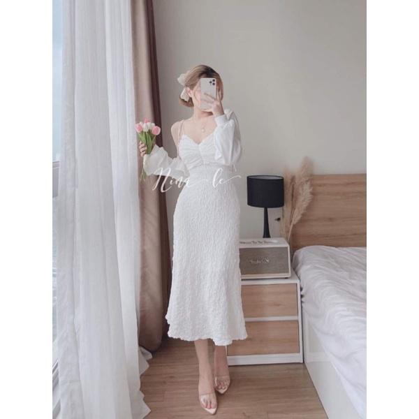 ĐẦM 2 DÂY THẮT NƠ XỐP KÈM ÁO KHOÁC