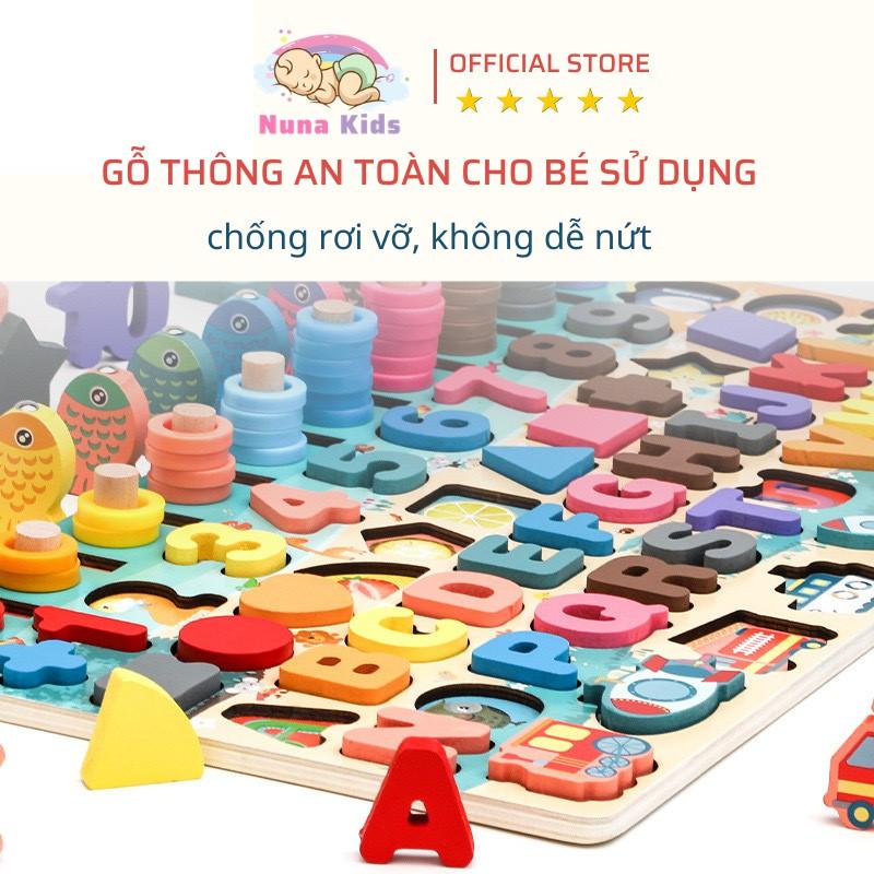 Bảng chữ cái gỗ thông minh NUNAKIDS 7 in 1 đồ chơi cho bé trai gái gồm hình khối, bảng chữ cái và phương tiện