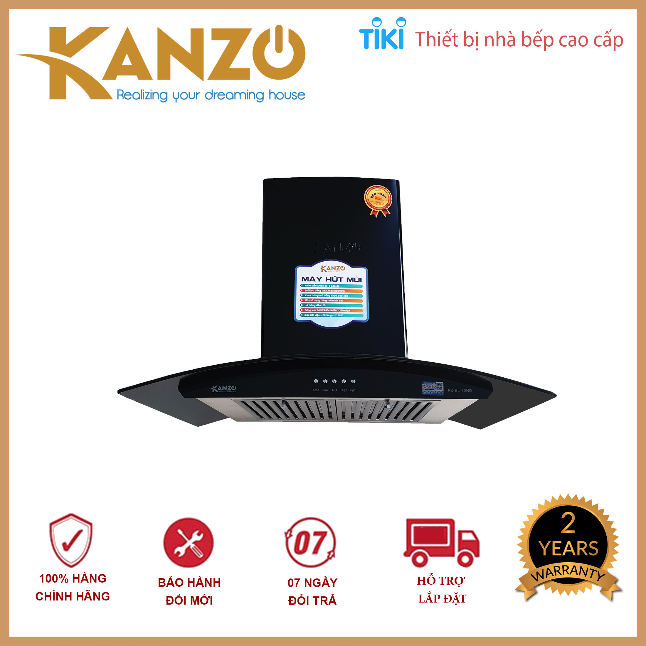 Hút mùi kính cong 700mm Kanzo KZ-BL-70HD - Bảo hành 24 tháng - Hàng chính hãng