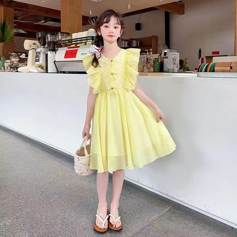 CHENGRUI Cô gái ăn mặc mùa hè 2023 phong cách phương Tây trẻ em chiffon lưới váy công chúa màu đỏ thời trang cô gái không tay váy ẩm ướt
