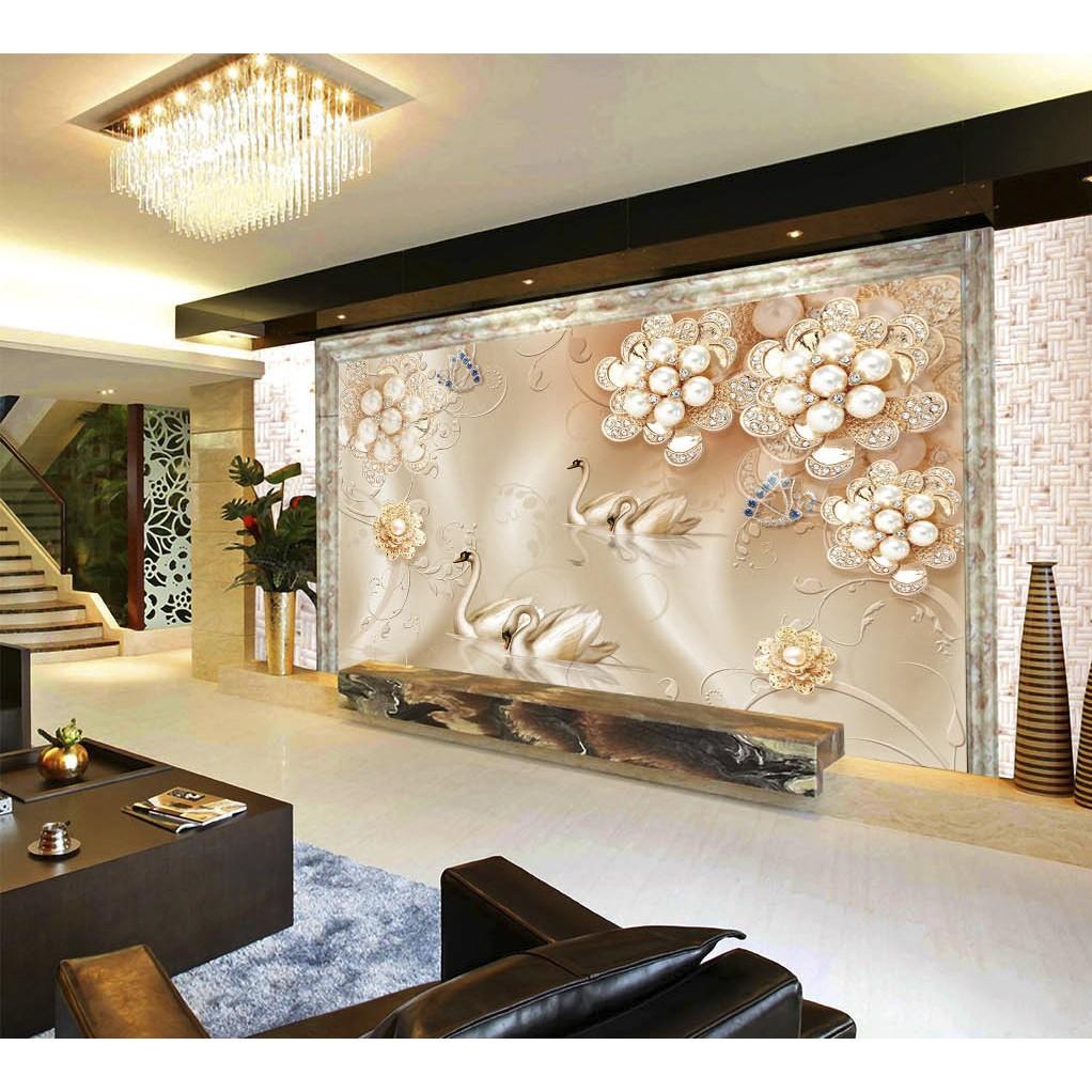Tranh dán tường Hoa 3D - vải lụa phủ kim sa