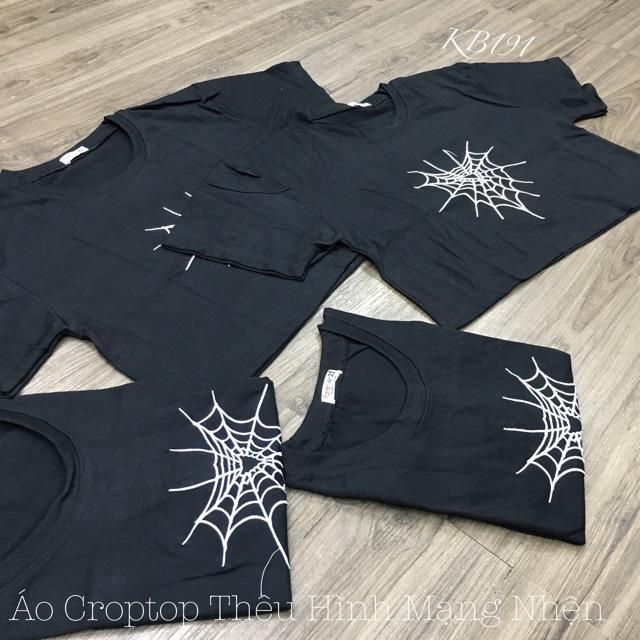 Áo Croptop Cổ Tròn Form Rộng Thêu Hình Mạng Nhện