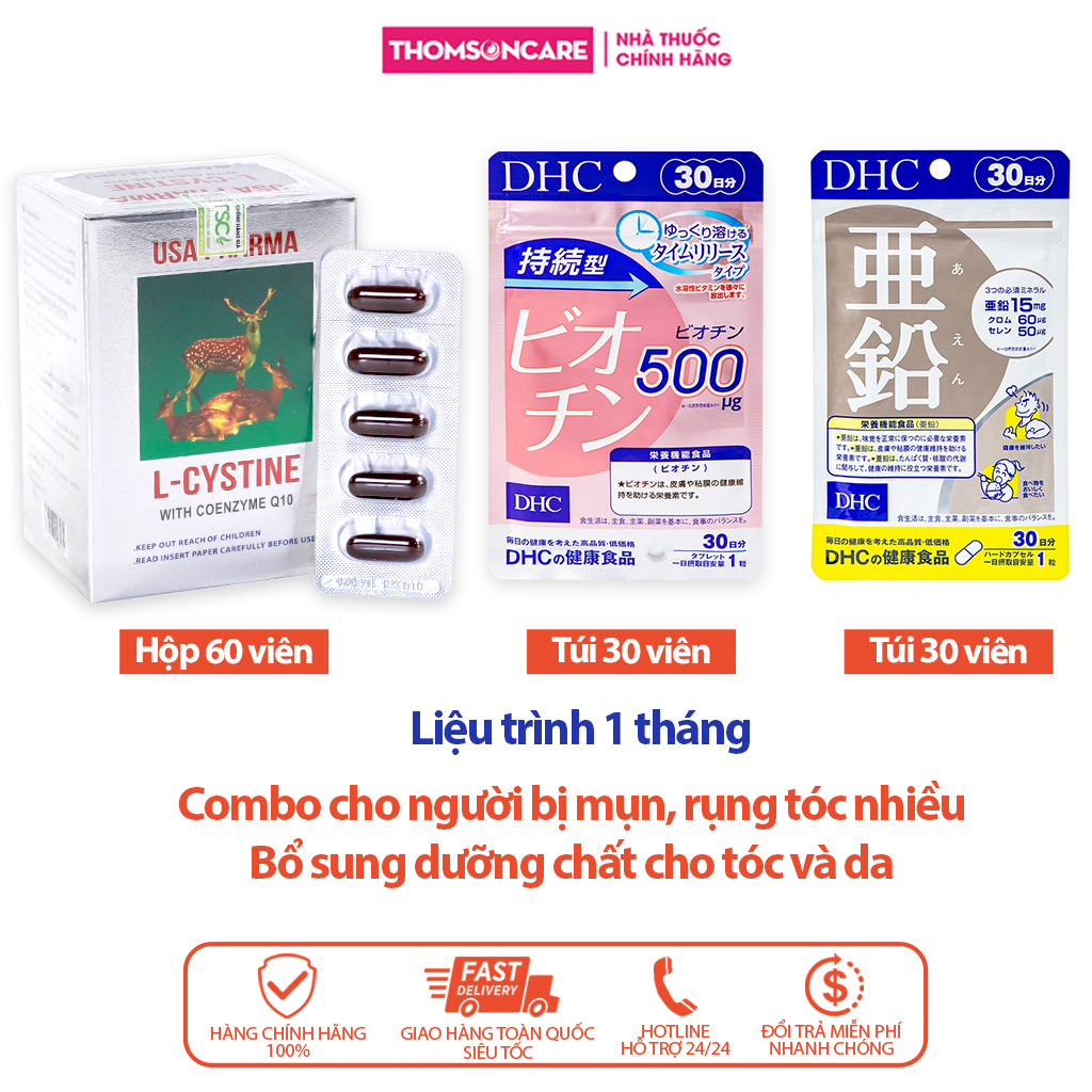 Combo viên uống cho người bị mụn, rụng tóc nhiều - Lcystine 60v, DHC Biotin 30v, DHC Kẽm 30v - (Liệu trình 1 tháng) - Giúp bổ sung dưỡng chất cho da và tóc, tóc chắc khoẻ và bổ sung vitamin c, kẽm  Thomsoncare