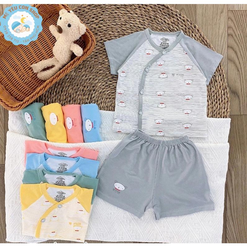 [3-9kg] Bộ Quần Áo Ngắn Tay Chất Thun Lạnh Mềm Mát Kẻ Sọc Phối Màu Cho Bé - Hồng