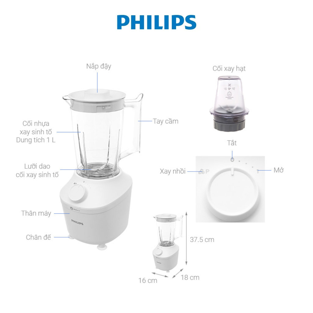 Máy xay sinh tố 2 cối Philips HR2041/10 công suất 450W, xuất xứ Indonesia - Hàng chính hãng