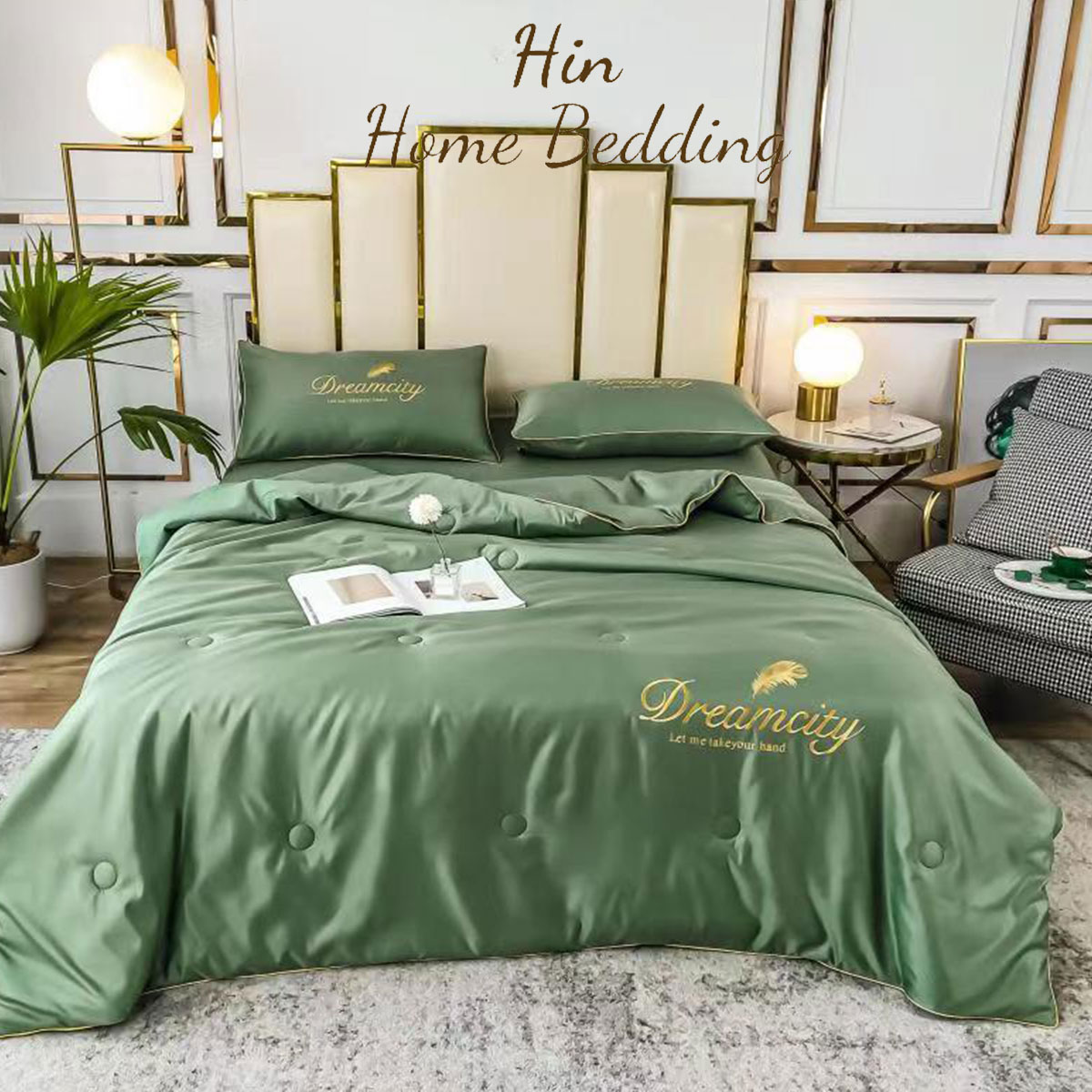 Bộ Chăn Ga Gối Đệm 5 Món Lụa Dream City Set Chăn Ga Drap Trải Giường Chăn Chần Bông Đẹp Hin Home Bedding Xanh Lá Mạ