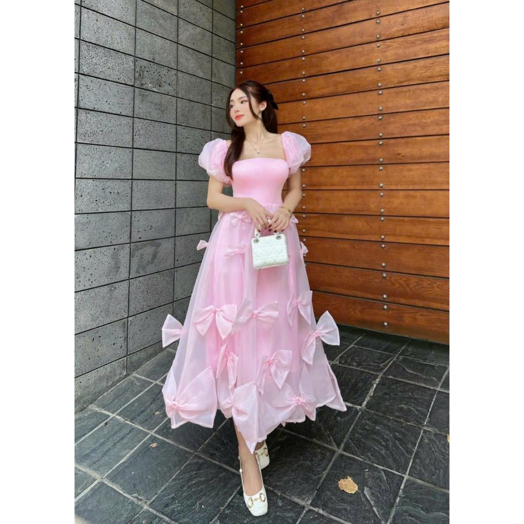 Đầm maxi tơ lụa tay phồng nhiều nơ siêu hot