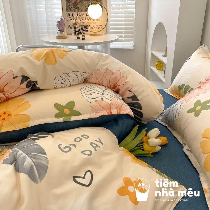 Bộ Chăn Ga Gối Cotton 80% m6/m8/2m - Full size Tiệm Nhà MêuSet 4 Món 2 Vỏ gối ,drap , vỏ chăn lá dứa vàng siêu bền
