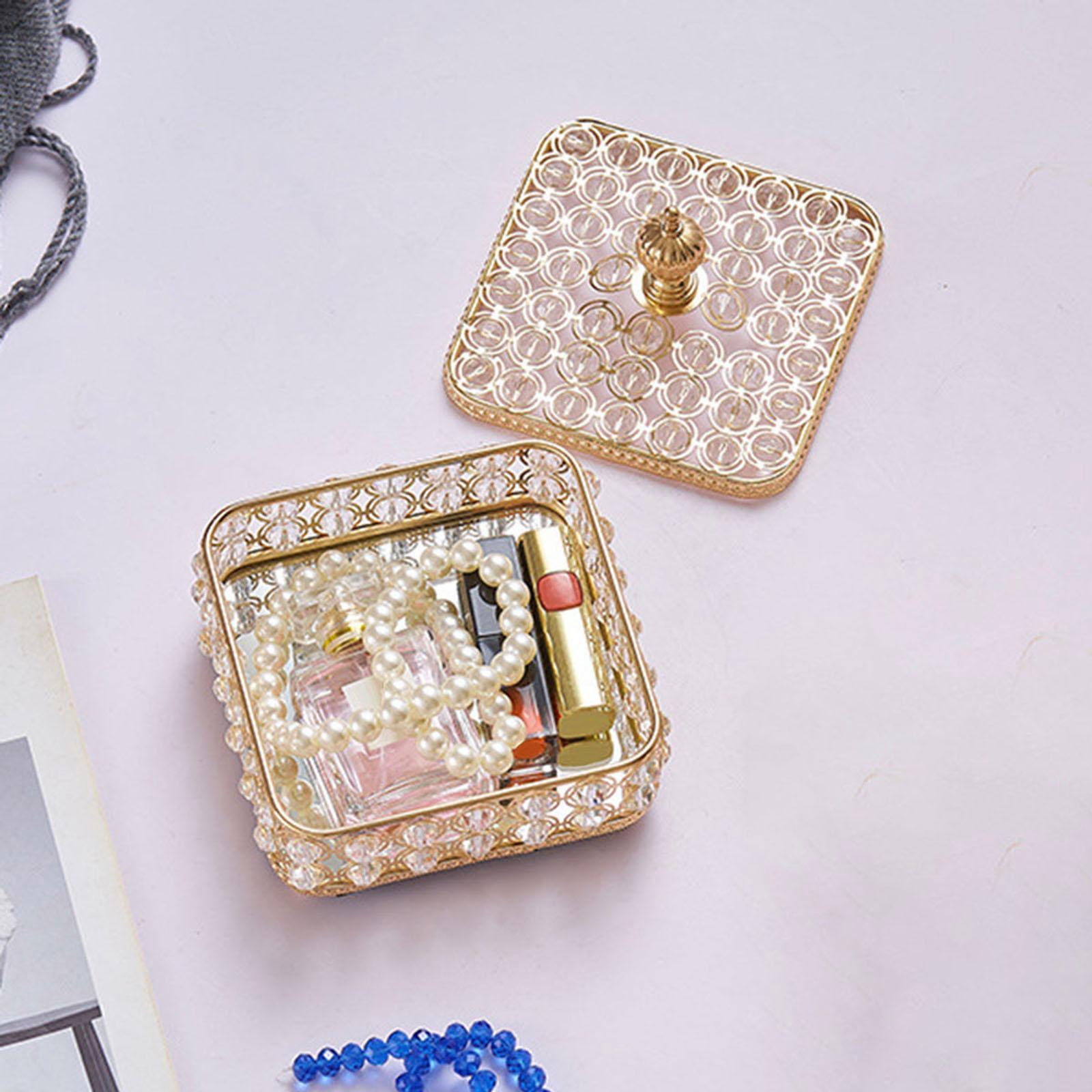 Vintage Crystal Jewelry Box with Cover Treasure Keepsake Box Trinket Organizer for Valentine Bracelets Necklace Bedroom Decoration Golden