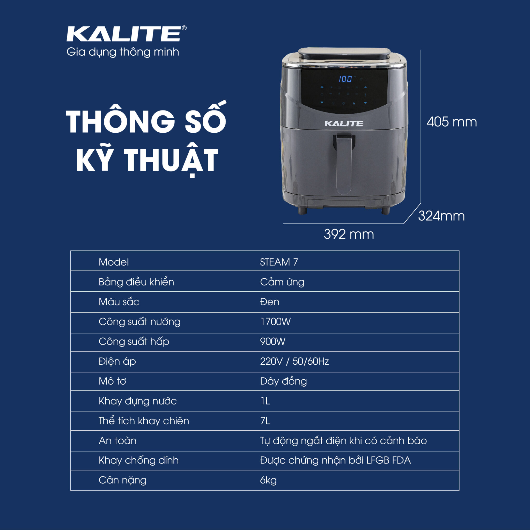 Nồi Chiên Hơi Nước Kalite Steam 7 (Chức Năng Chiên, Hấp, Nướng 3 in 1 - Công Suất 1700W, Dung Tích 7L) - Hàng Chính Hãng