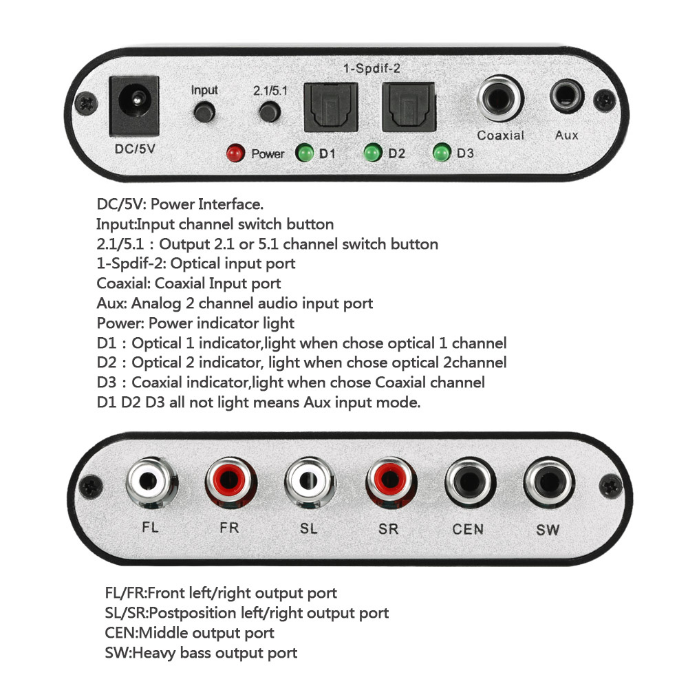 Bộ giải mã âm thanh Surround 5.1 Audio Rush SPDIF Coaxial đến 5.1 / 2.1 Kênh DTS / AC-3, cho Đầu đĩa DVD STB HD Player