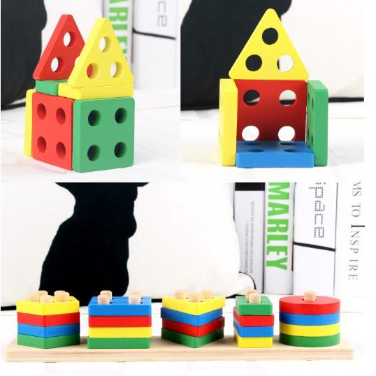 Đồ chơi gỗ - Bộ thả hình học 4 trụ - Đồ chơi phát triển giúp bé làm quên hình khối và màu sắc - Hàng loại 1