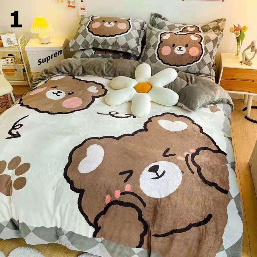 Bộ chăn ga gối vải nỉ nhung 4 món hình 3D họa tiết gấu siêu đẹp – chăn mền, drap giường, vỏ gối - ga giường đủ size