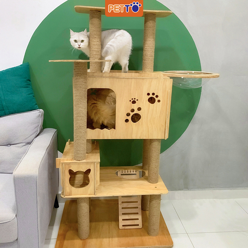Nhà Cây Cho Mèo 3 Tầng Có Lồng Kính