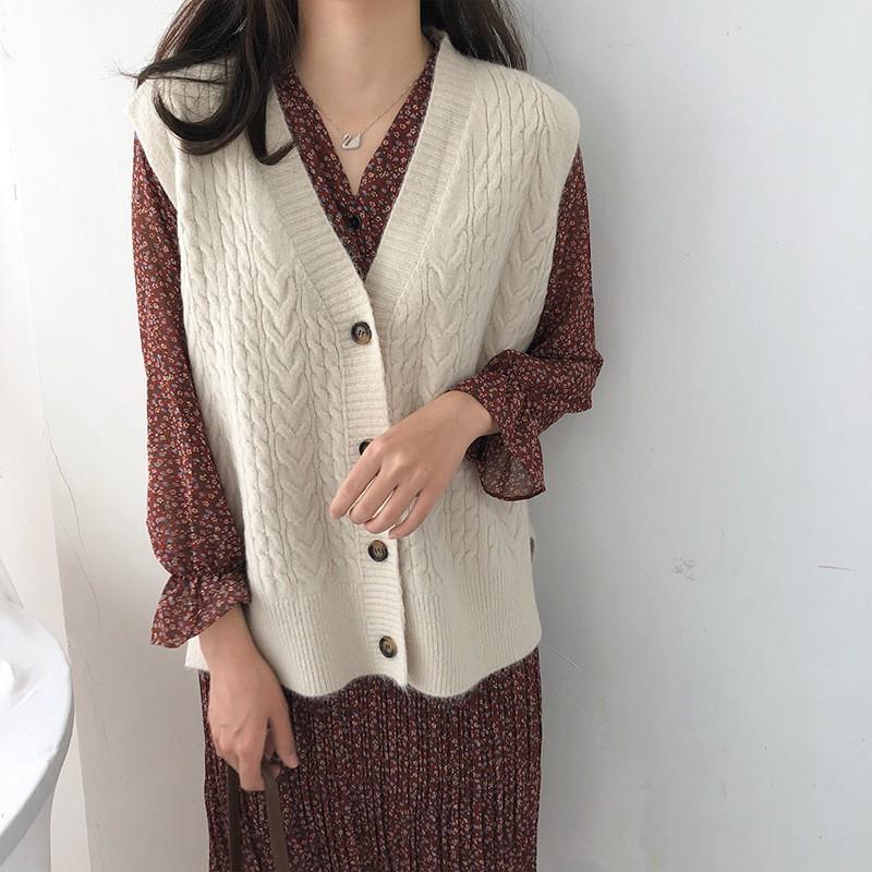 Gile Len | Áo Gile Len Dệt Kim Cổ V Dáng Rộng Ulzzang Kiểu Dáng Trẻ Trung, Hàng Quảng Châu