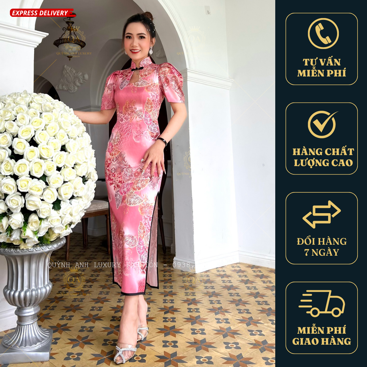 Sườn Xám Cổ Tàu Trung Hoa Lụa Ánh Kim Tone Hồng Sang Trọng Mia Dress