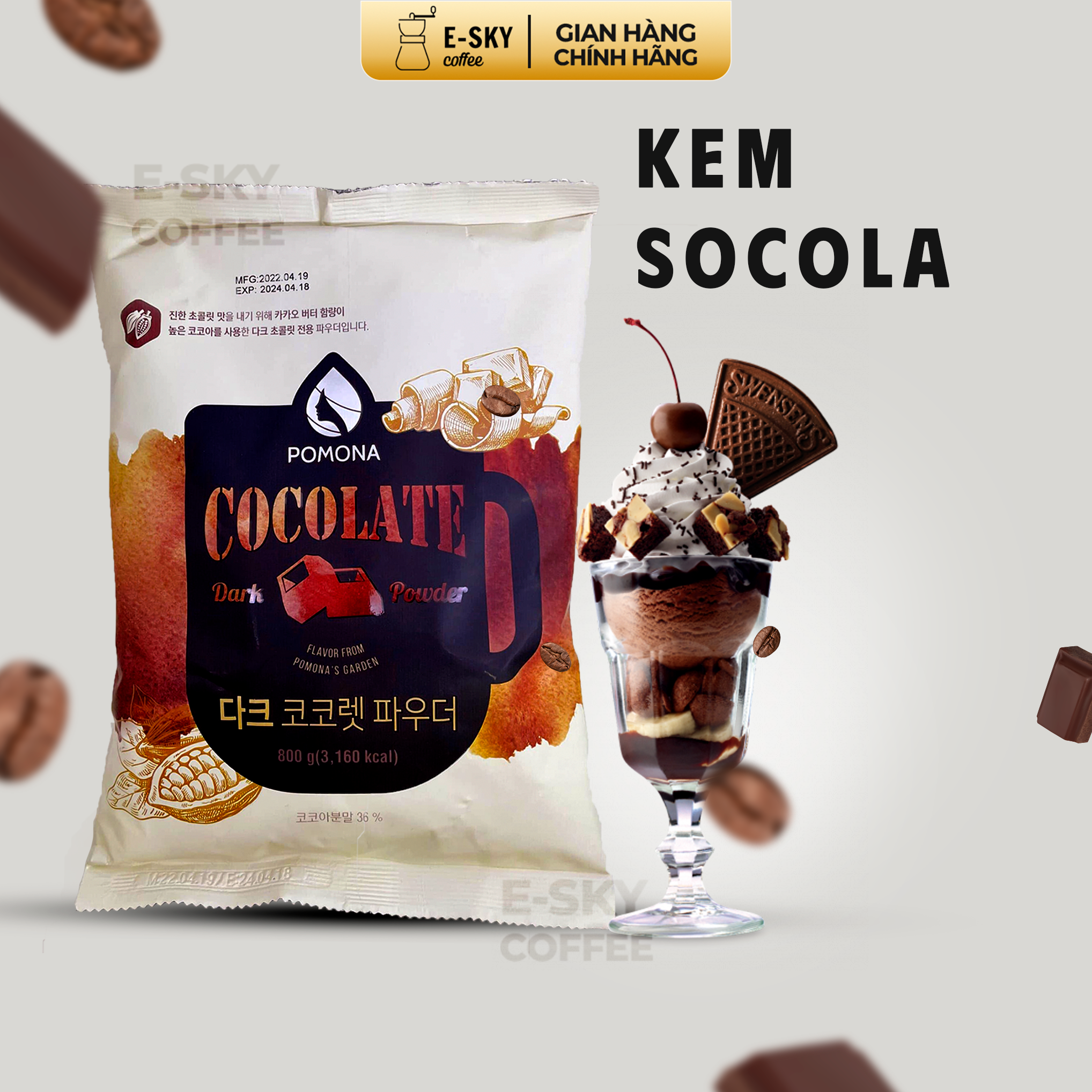 Bột Socola Đen Pomona Dark Chocolate Powder Nguyên Liệu Pha Chế Cà Phê, Trà Sữa Hàn Quốc Gói 1kg