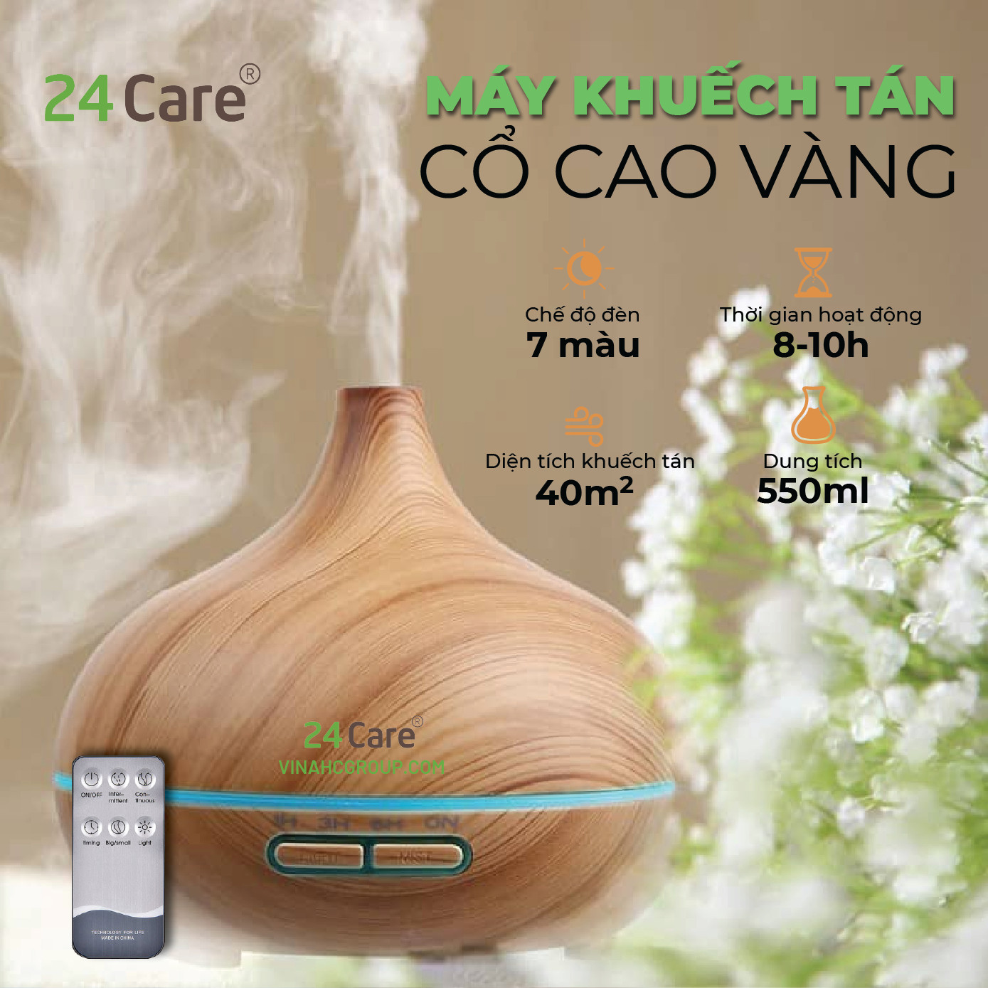 Máy khuếch tán Tinh Dầu 24Care Cổ Cao màu Vàng Ultrasonic 500ml , Tặng 2 Chai Tinh dầu Bạc Hà + 1 chai Oải Hương 24Care 10ml | Xông Phòng | Kèm Remote Điều Khiển |Công nghệ siêu âm tiên tiến.