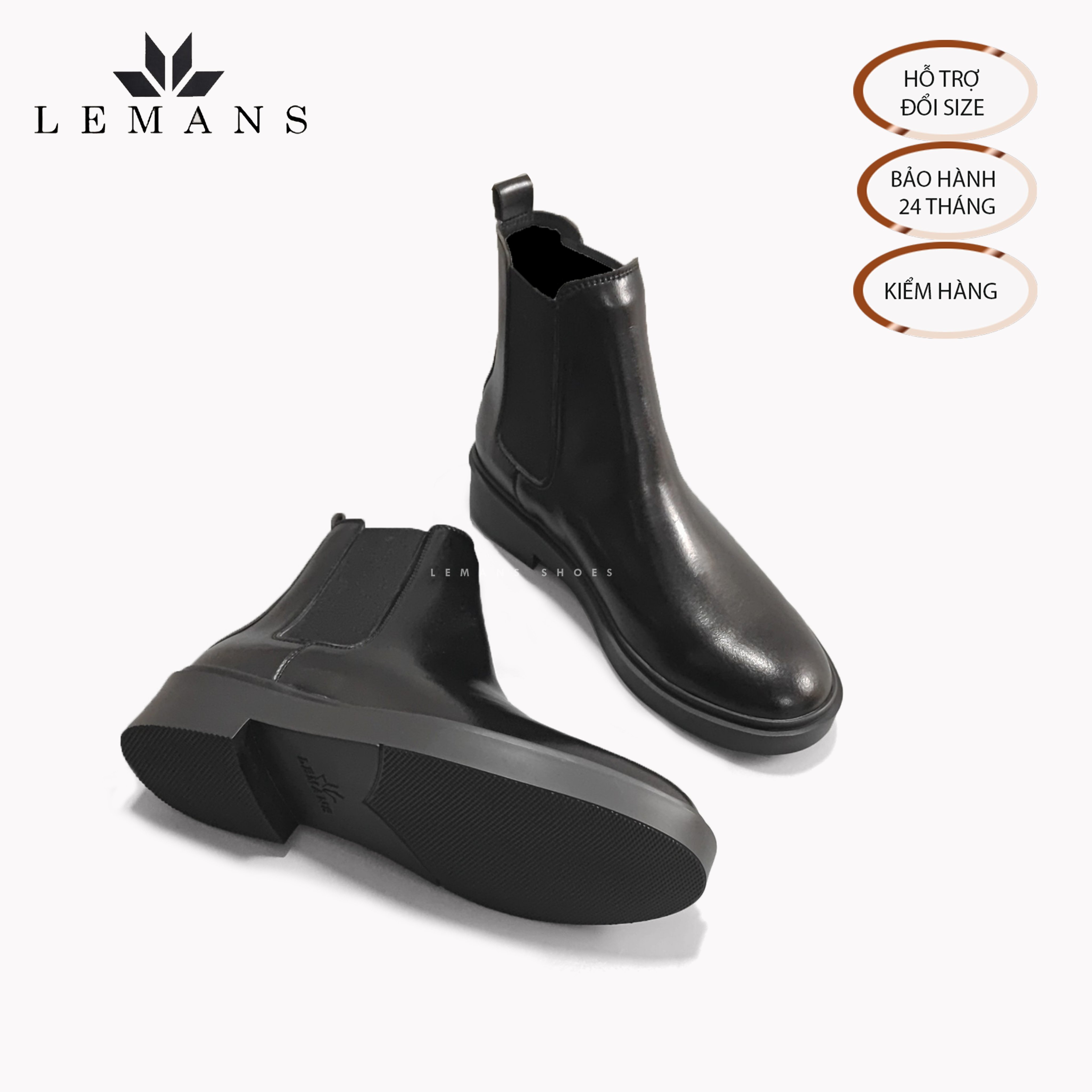 Giày da bò Chelsea Boots Black LEMANS CB66, đế lemans cao 4cm, boot nam chelsea boot nam, bảo hành 24 tháng