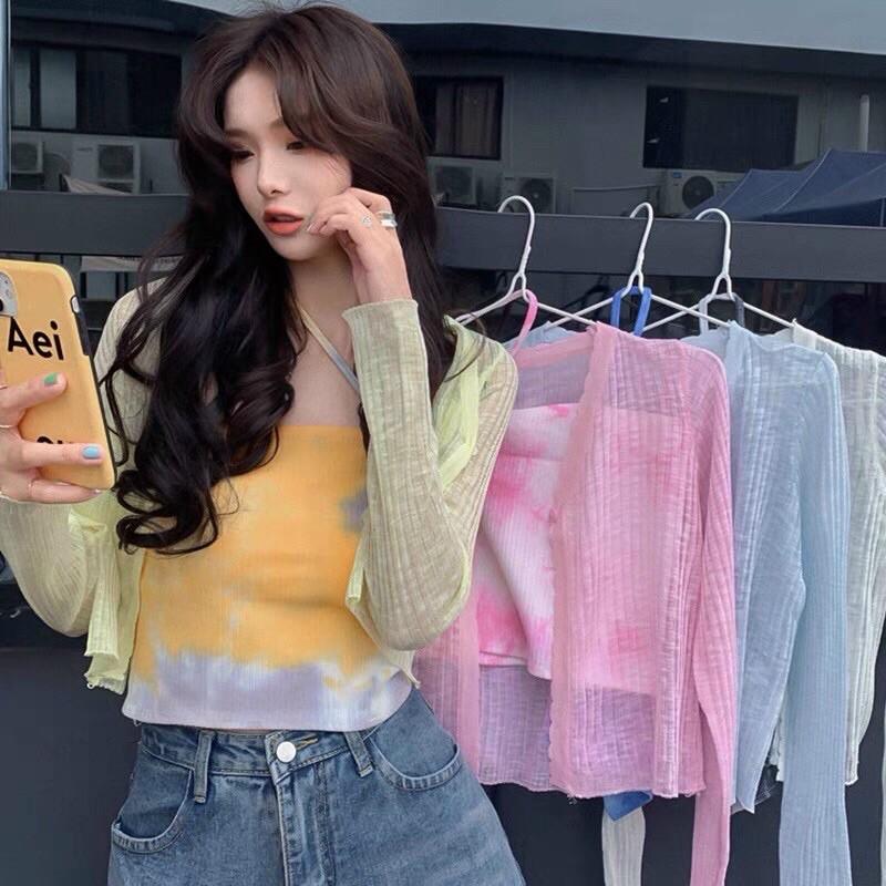 Set áo cardigan len mỏng kèm áo quây loang màu dây chéo