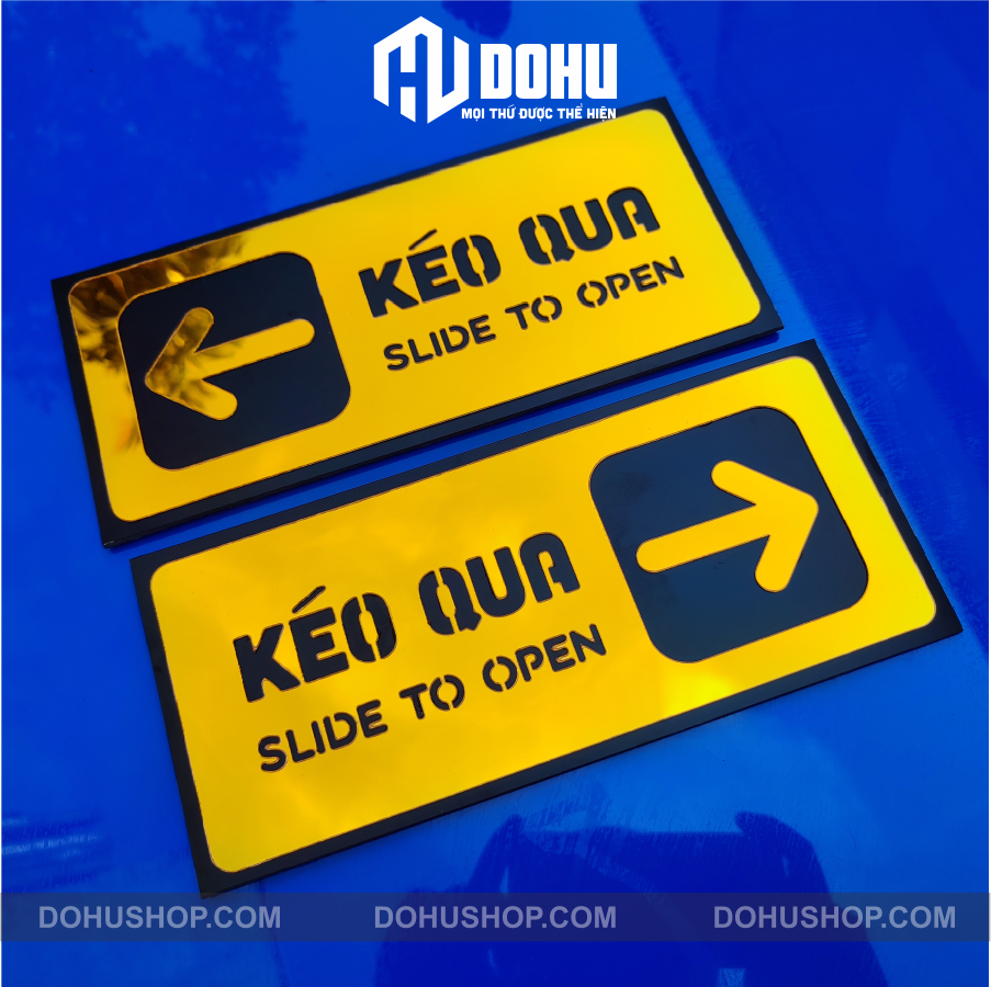 Bảng Gương Vàng Chỉ Dẫn Mở Cửa Kéo Qua - Song Ngữ - Có sẵn keo dán phía sau