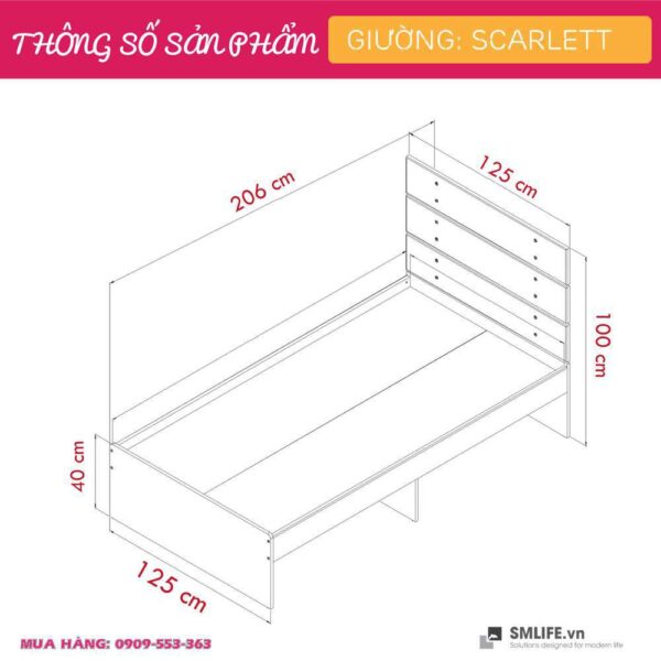 Giường ngủ gỗ hiện đại SMLIFE Scarlett | Gỗ MDF dày 17mm chống ẩm | D206xR125xC100cm