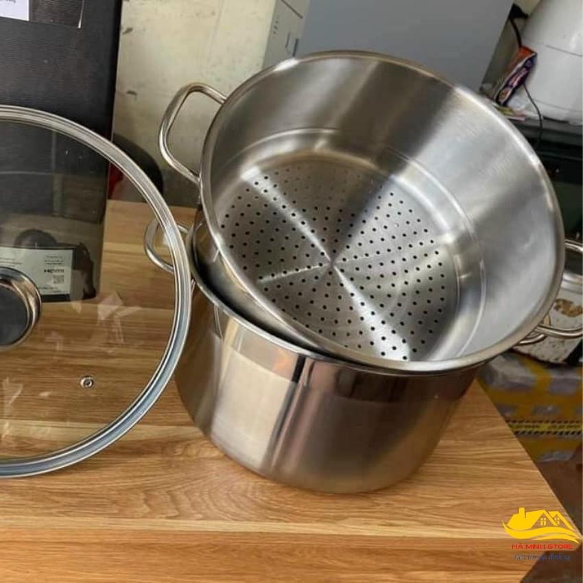 Nồi luộc gà kèm xửng hấp 2 tầng size 28 inox cao cấp sáng bóng chống bám bẩn nồi luộc gà hà minh store