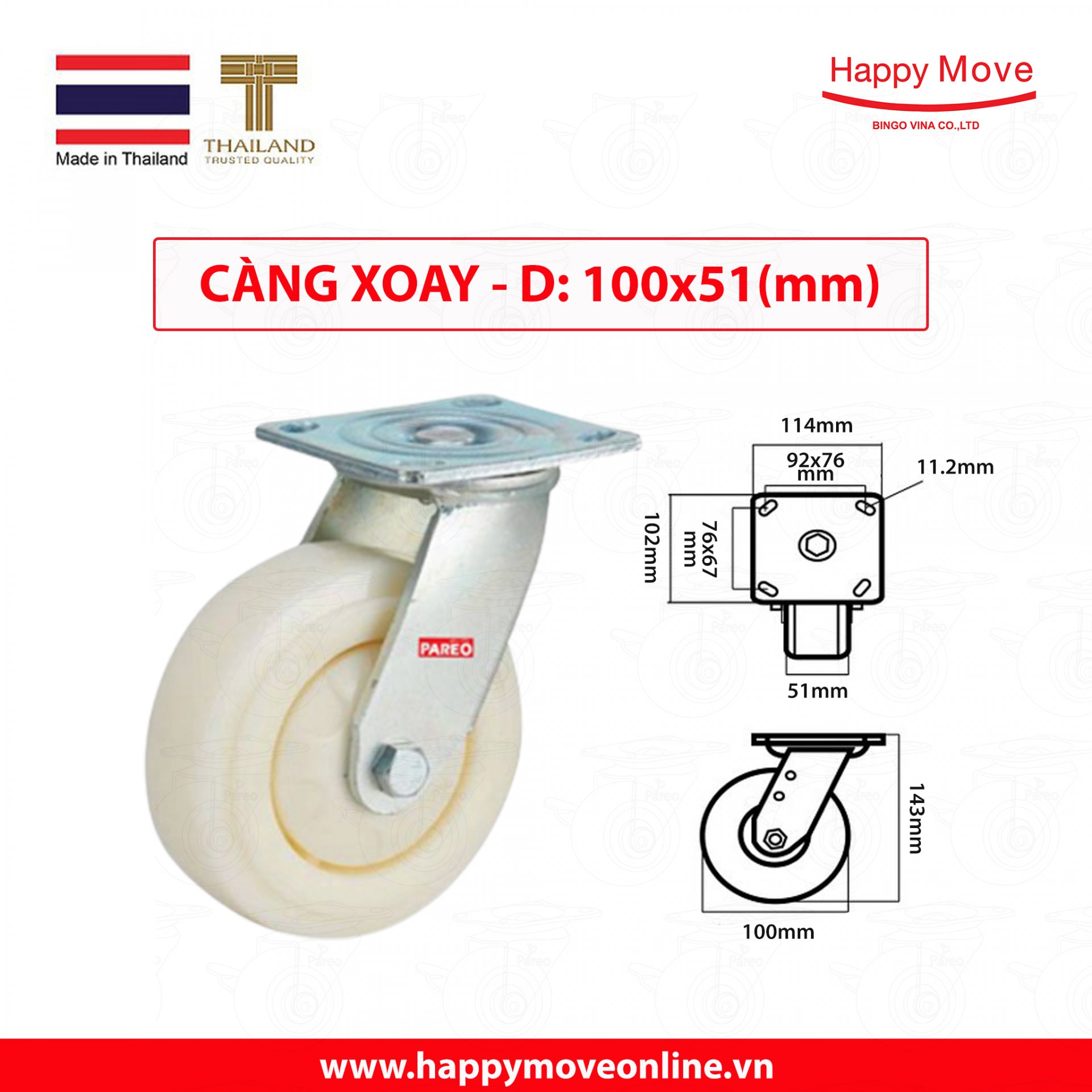 Bánh xe đẩy nhựa  trắng tải nặng càng xoay - 100-125-150-200mm - Happy Move Thái Lan