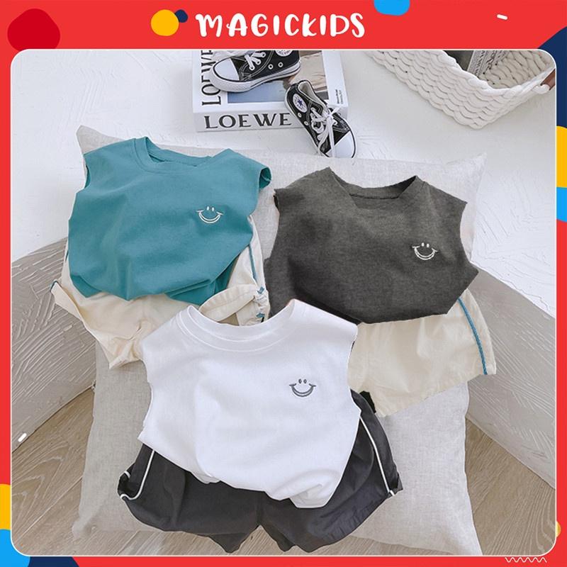 Áo thun ba lỗ bé trai 1 2 3 4 5 6 7 tuổi cotton co giãn thêu mặt cười Magickids Quần áo bé trai thấm hút mồ hôi AO22005
