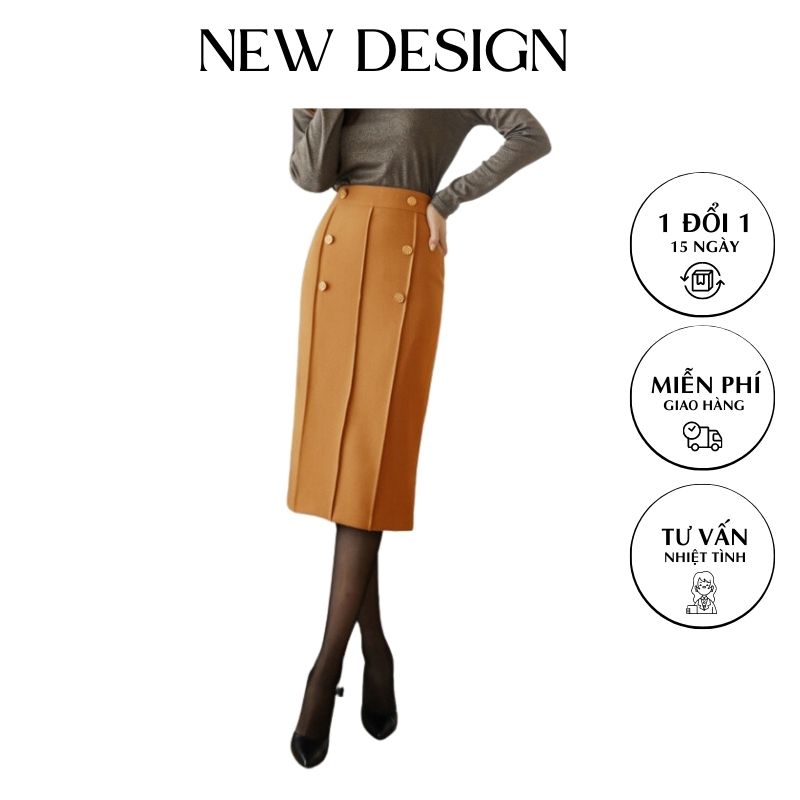 Chân Váy Công Sở New Design Thiết Kê Dáng Váy Xếp Ly Dài Qua Gối Ôm Body , Phối Nút Kiểu Mới, Vải Tốt Co Giãn CV0073
