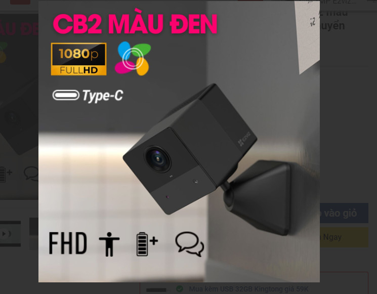 Camera Wi-Fi Ezviz CB2 Đen 2MP, Type-C, có PIN hàng chính hãng