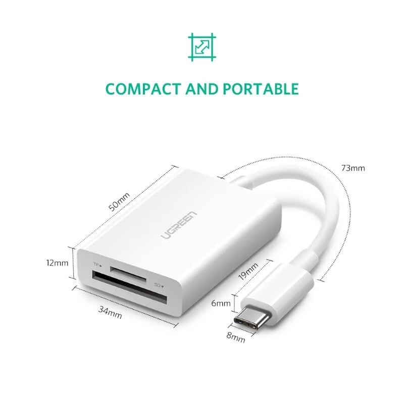 Ugreen UG40864US235TK 15CM màu Trắng Đầu đọc thẻ USB TYPE C sang 2 cổng Micro SD + TF 4.0 - HÀNG CHÍNH HÃNG