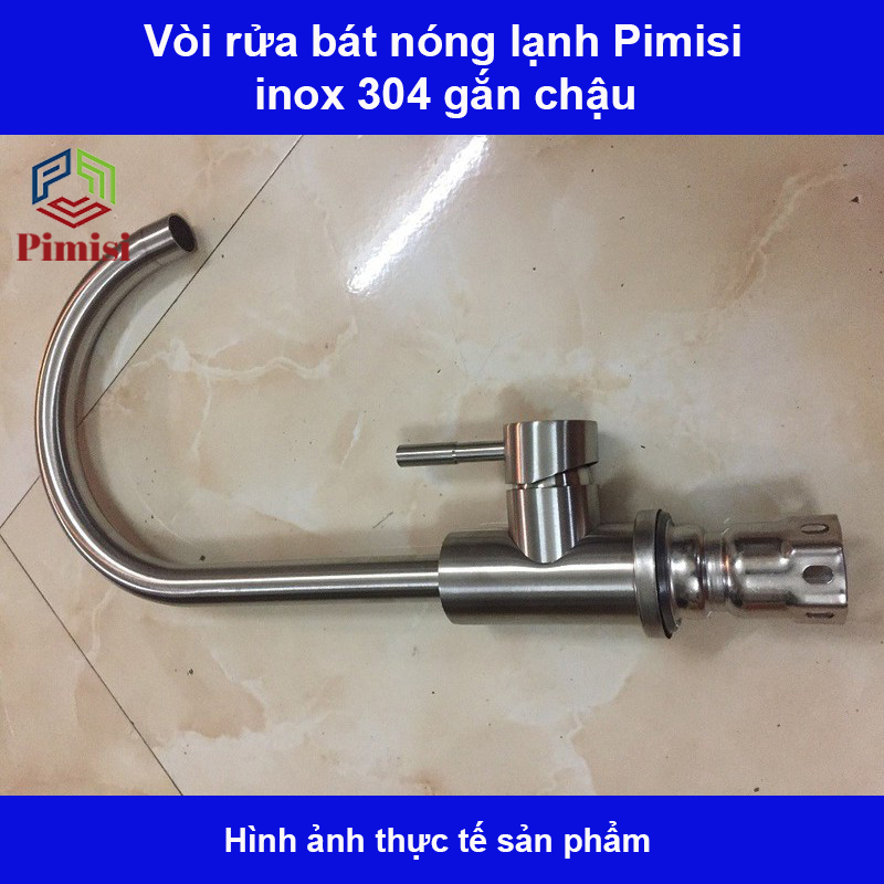 Vòi rửa bát nóng lạnh inox 304 Pimisi dùng cho chậu rửa chén bát trong nhà bếp gắn chậu - bàn đá, quay 360 độ dùng được cho chậu rửa chén 2 hố - đã kèm 2 sợi dây cấp nước | Hàng chính hãng