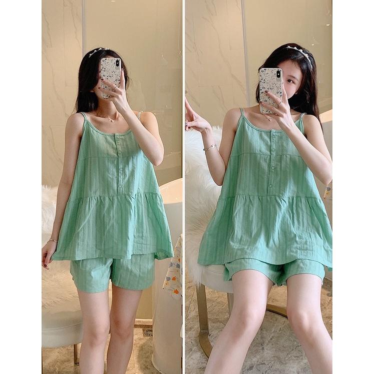 Bộ đồ ngủ mặc nhà cho nữ áo 2 dây quần đùi vải đũi mềm nhẹ, thoáng mát, nhiều màu size từ 40 - 75 kg phong cách năng động dễ thương