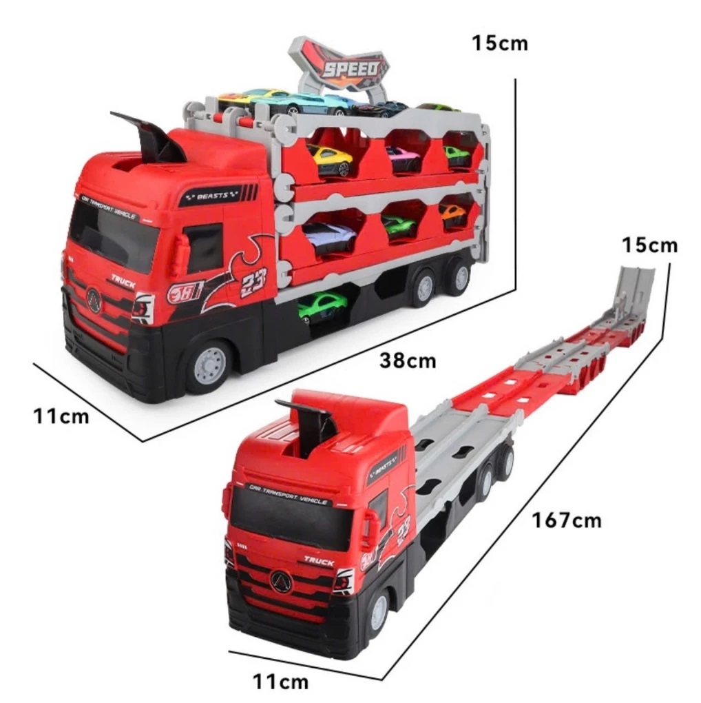 Ô tô đồ chơi BK TOTECH hình xe tải 3 tầng kèm 4 xe đua nhỏ mô hình đường đua xe dài 1,65m có thể gấp gọn cho bé