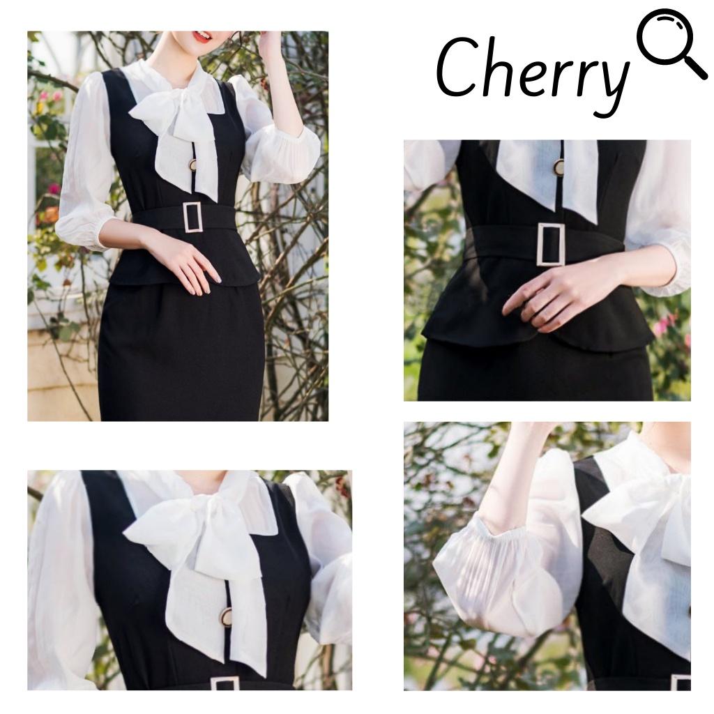 Váy công sở liền thân body thắt eo áo sơ mi cổ áo thắt nơ CHERRY A1382