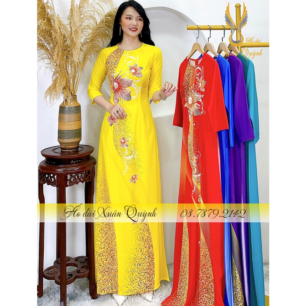 Áo Dài Hoa Kim Cương Phối Dải Chấm Bi, Nổi Bật Lụa Habutai Cao Cấp K97 Vàng Nắng