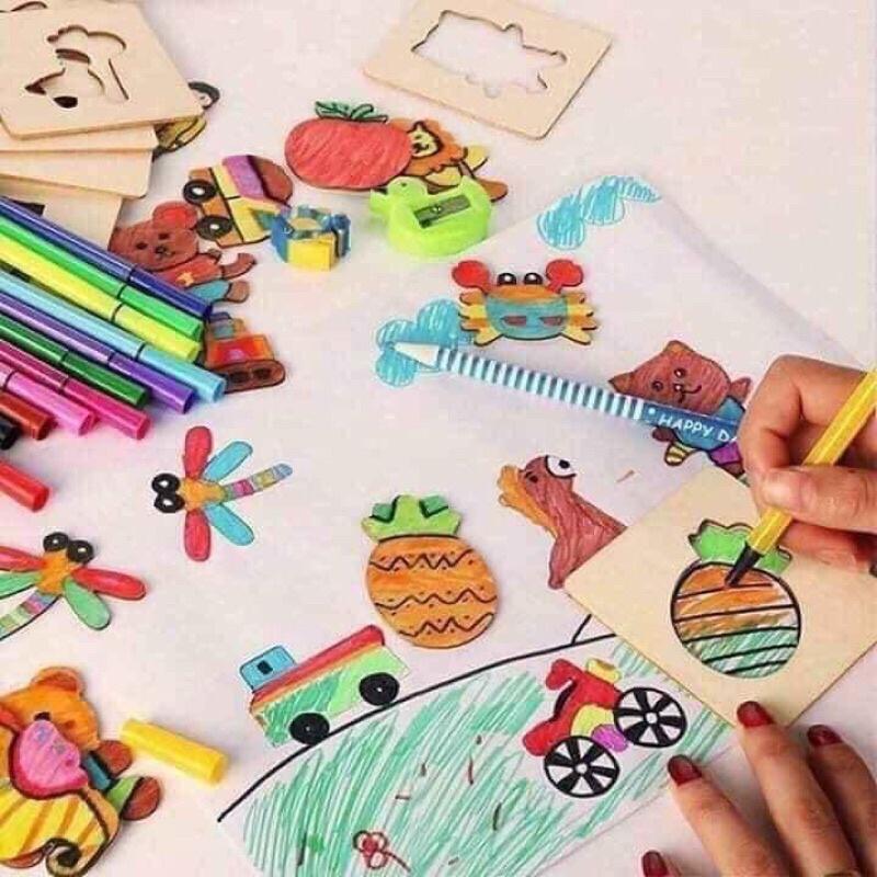 Bộ khuôn gỗ vẽ tranh cho bé kèm bút màu bút chì và giấy