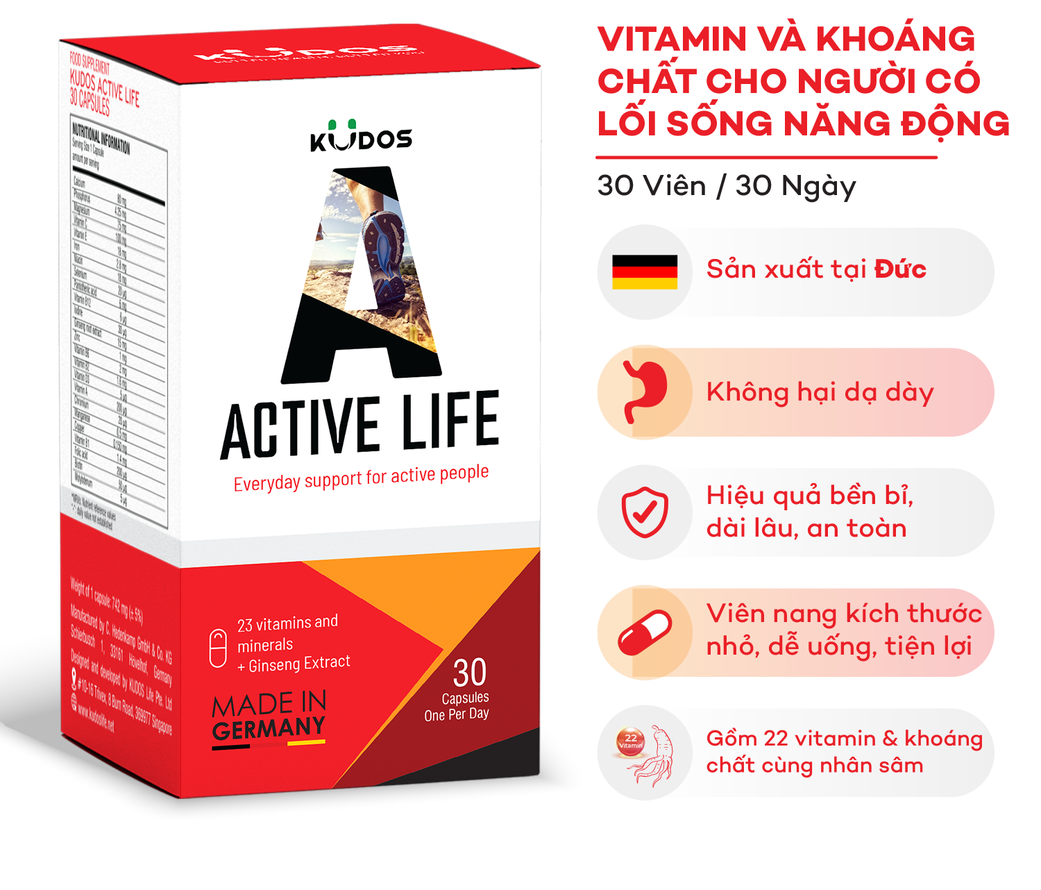 Viên Nang Bổ sung Vitamin và Khoáng Chất Tổng Hợp KUDOS ACTIVE LIFE (Hộp 30 Viên)