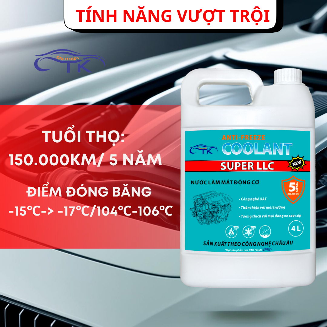 Nước Làm Mát Động Cơ Ô Tô Màu Đỏ CTK Super LLC Coolant Chính Hãng, Dung Tích 1 Lít hoặc 4 Lít, Khuyến Nghị Dùng Cho Cả Xe Điện, Bảo Vệ Động Cơ Lâu Dài