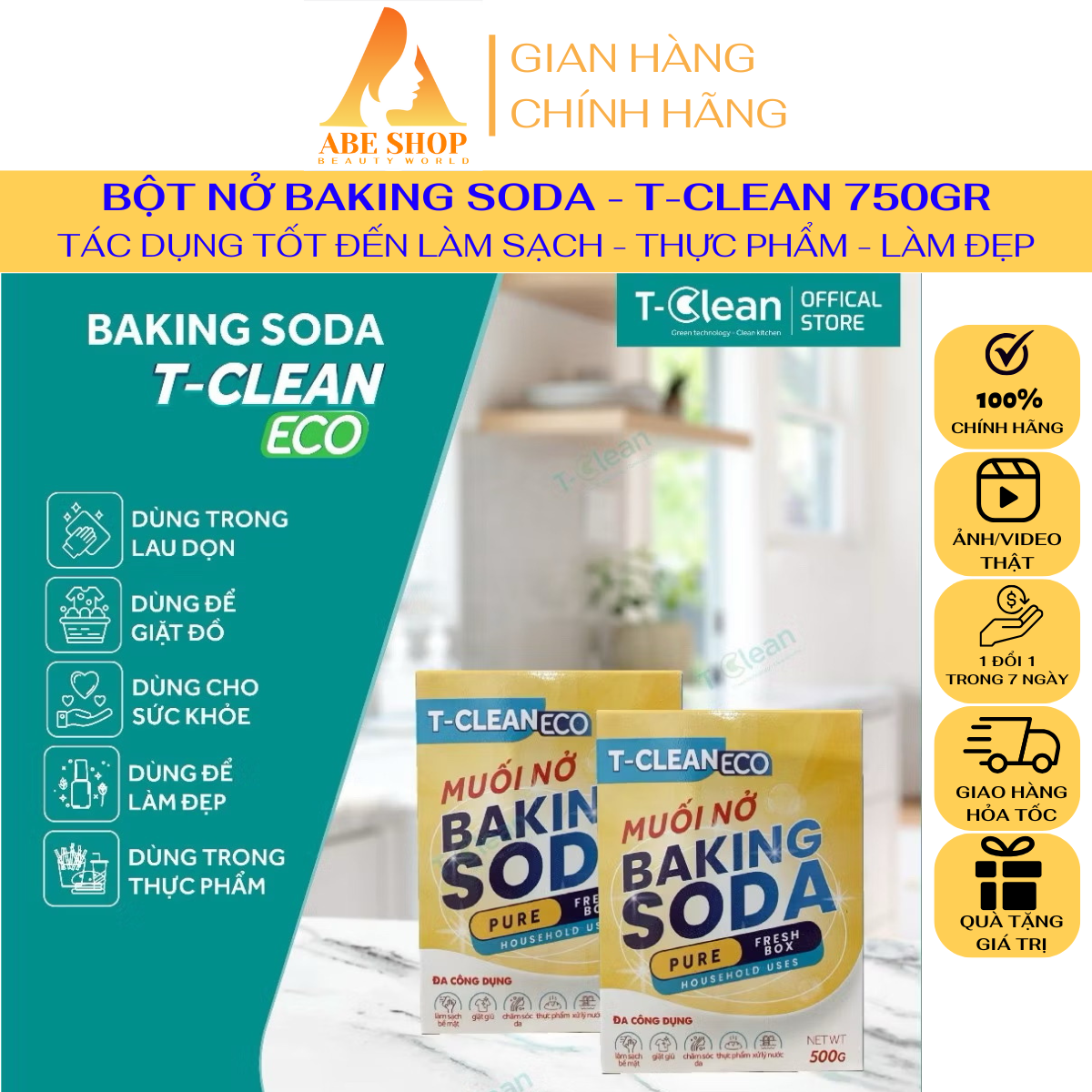 Baking Soda T-Clean 750g - Đa Công Dụng - Rửa Rau Quả - Thực Phẩm - Khử Mùi - Thông Cống - Làm Mềm