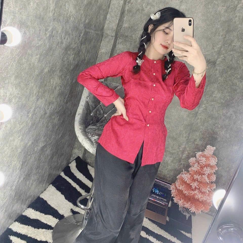 (BÀ BA GẤM HOA NỖI Bigsize) Trang phục truyền thống, Bộ quần áo nữ Phật tử, đồ lam đi chùa mẫu nữ vải gấm 7XL - Tím không quần